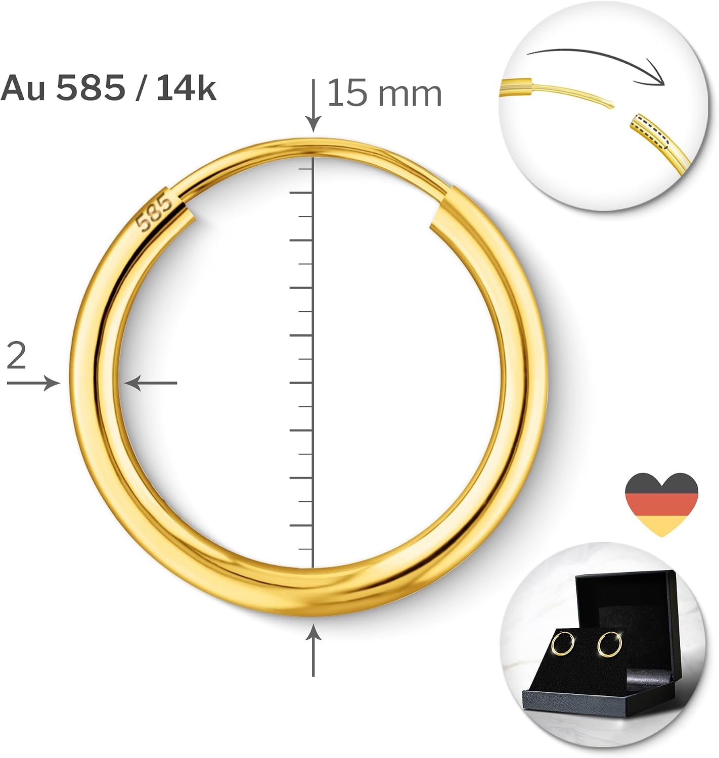 Detalle de EDELIND Boucles d'Oreilles Élégantes Or Jaune 14K – Créoles Or Ø15 mm, Largeur 2 mm