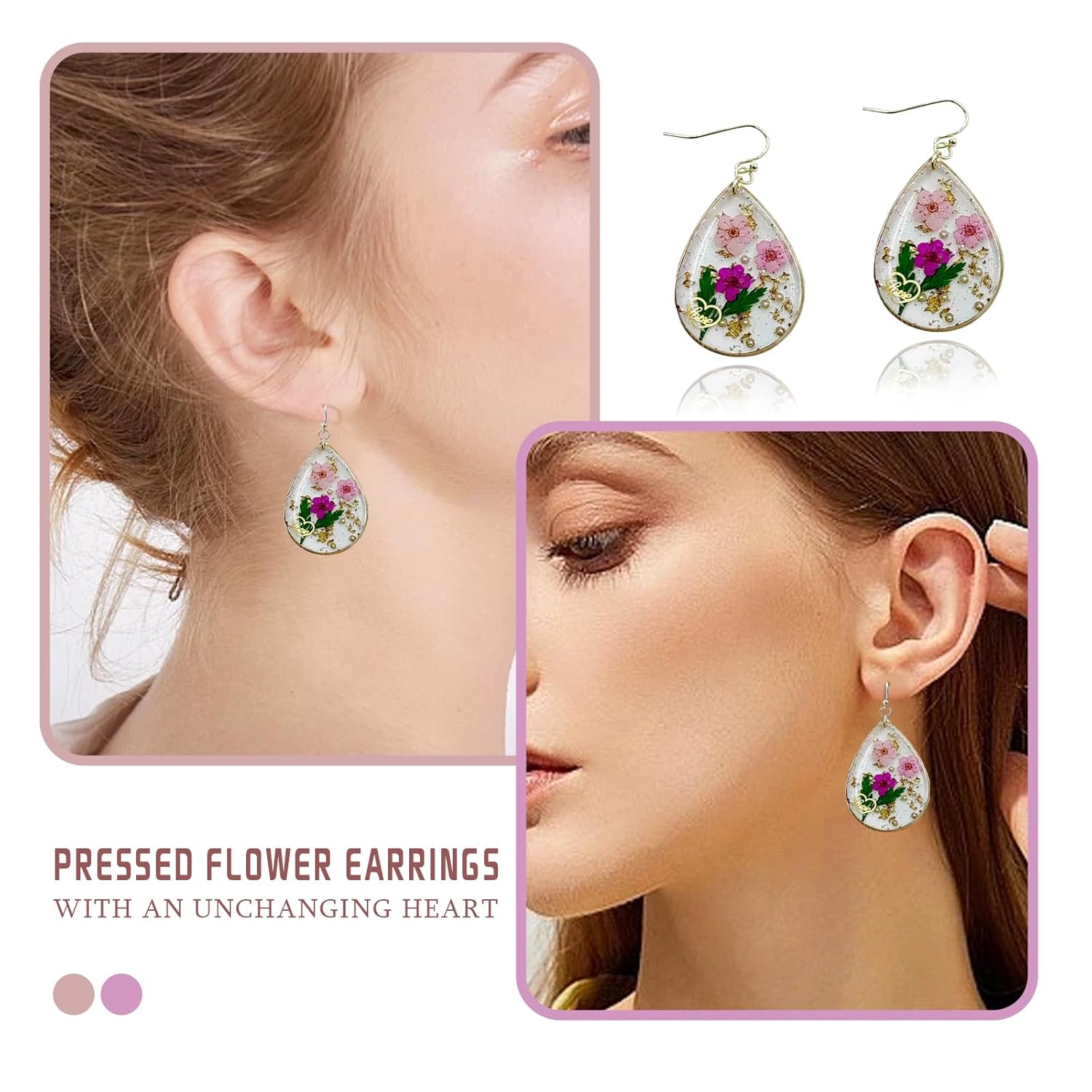 Detalle de Pressed Flower Earrings for Women – Resin Drop Dangle with Real Preserved Flowers
