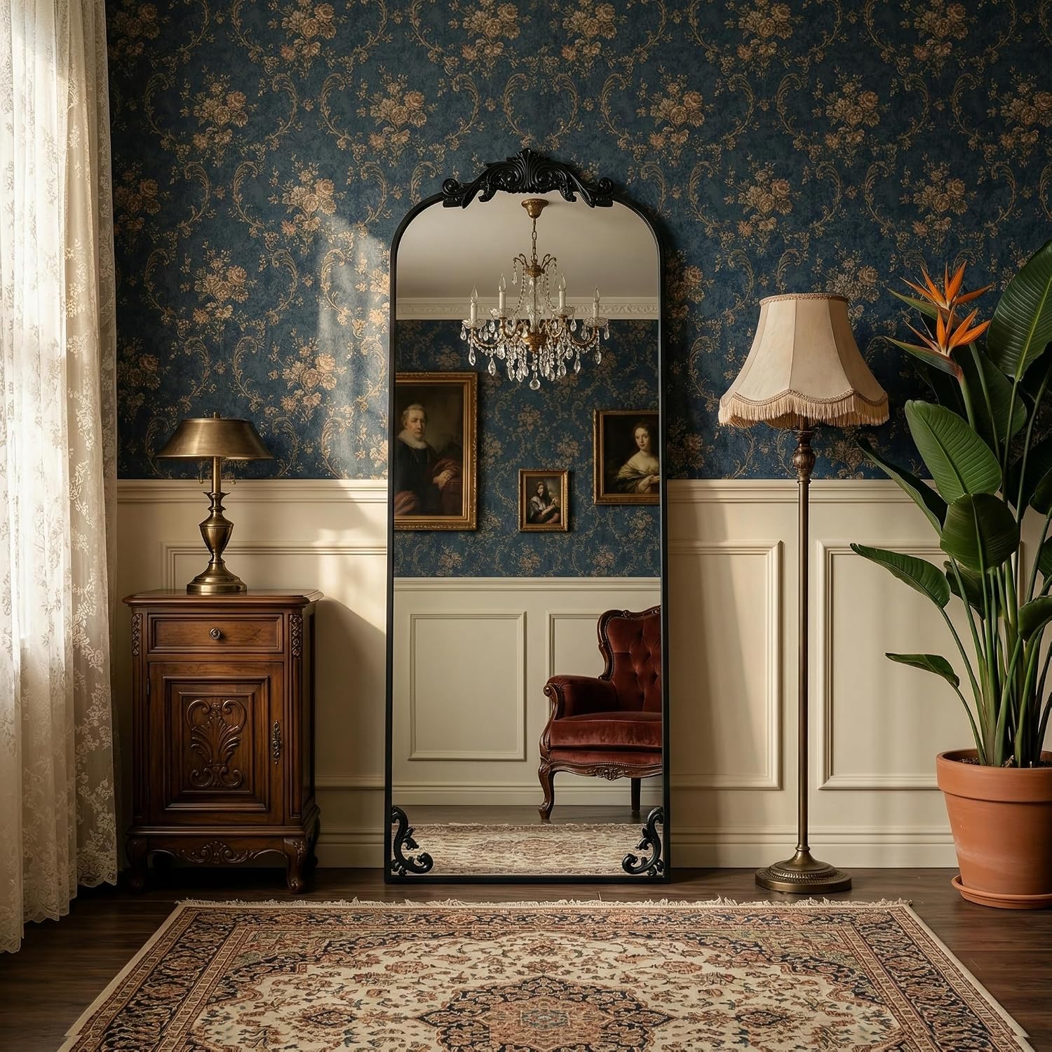 Detalle de HARRITPURE Vintage Arched Full-Length Mirror, 64" x 21", Black Aluminum Frame