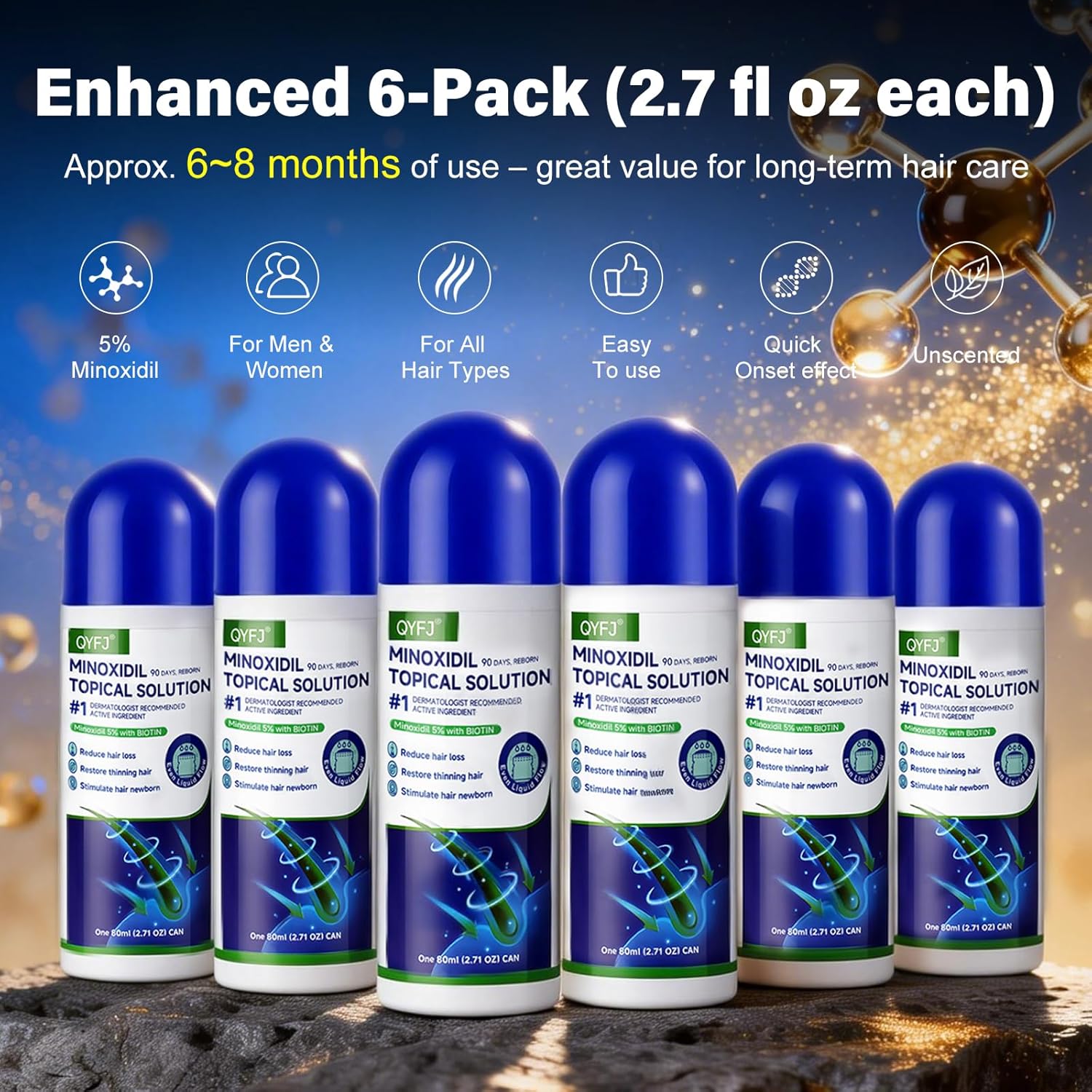 Detalle de 6 Pack 5% Minoxidil Hair & Beard Growth Serum with Sponge Applicator (Unscented, Biotin-Infused) — 2.7 fl oz x 6