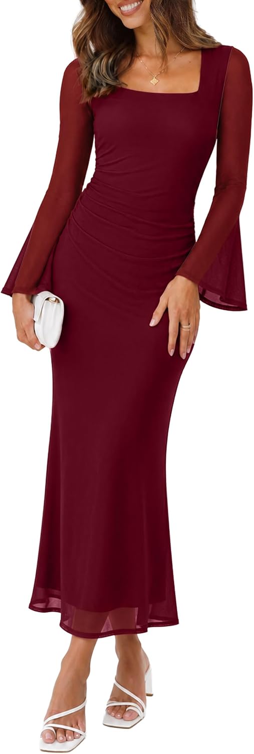Detalle de Sipaya Bodycon Maxi Dress with Square Neck, Sheer Sleeves and Ruched Waist