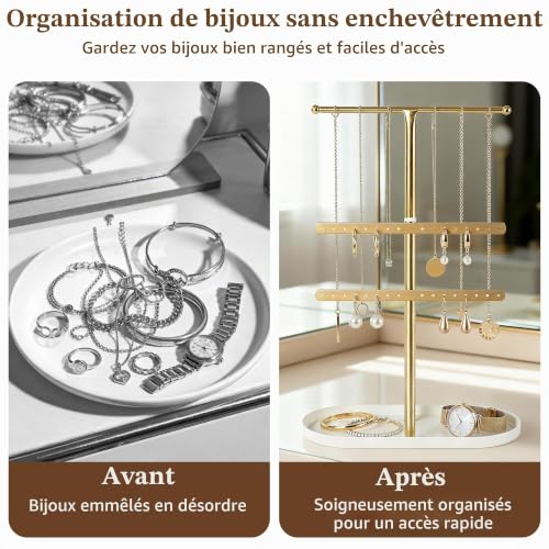 Detalle de VIRETH HAUS Organisateur de Bijoux 3 Niveaux en Métal Doré avec Plateau – Élégance compacte pour votre collection