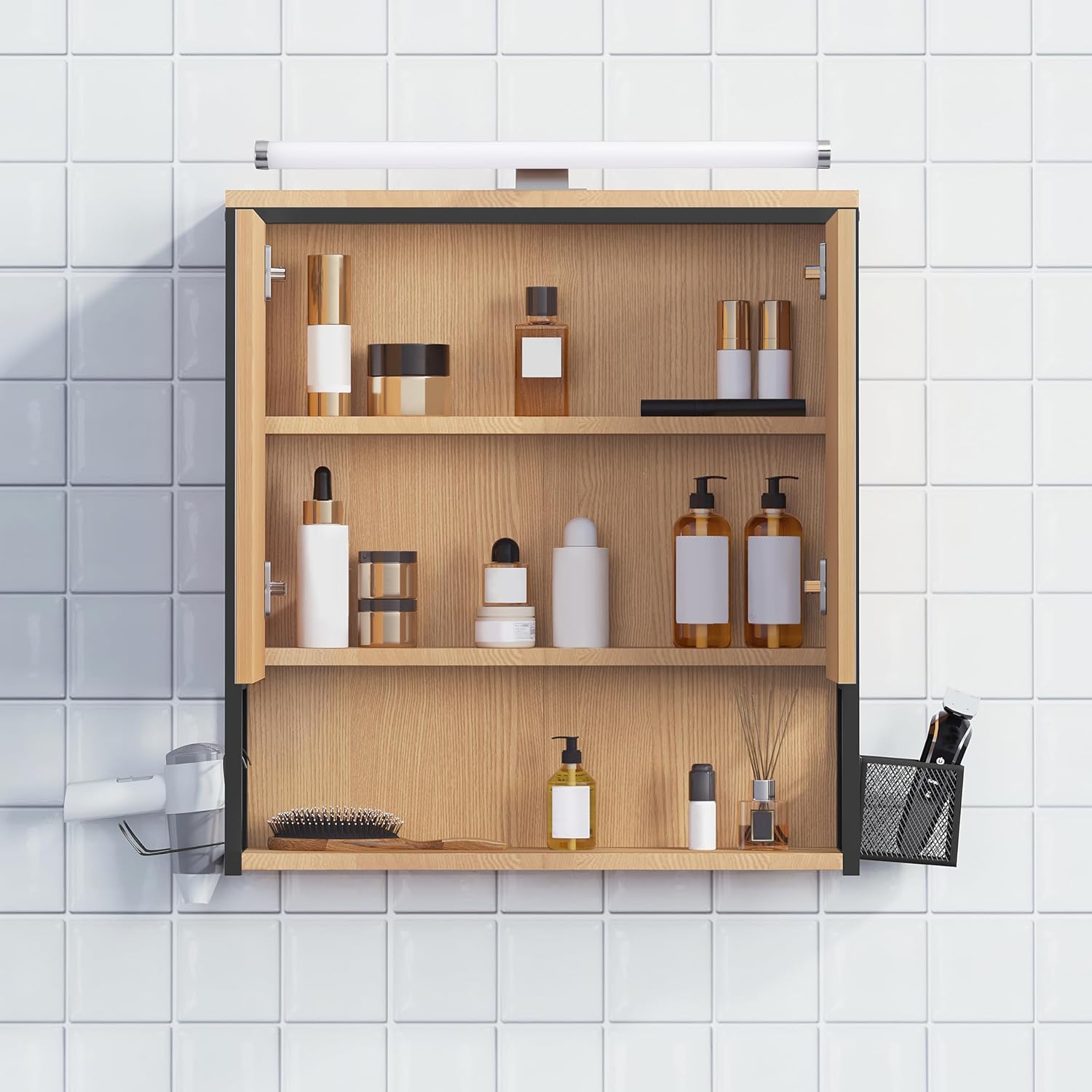Thumbnail 6 de EUGAD Spiegelschrank Bad mit Beleuchtung – 56x60x13 cm, schwarz + helle Eiche