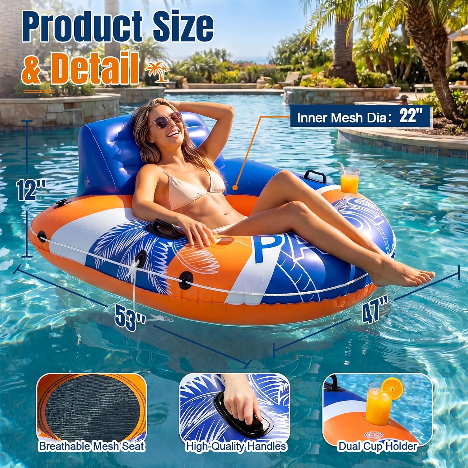 Detalle de PAFOLO River Floats for Adults — 53” Heavy-Duty River Tube with Cup Holders, Mesh Seat & Safety Features