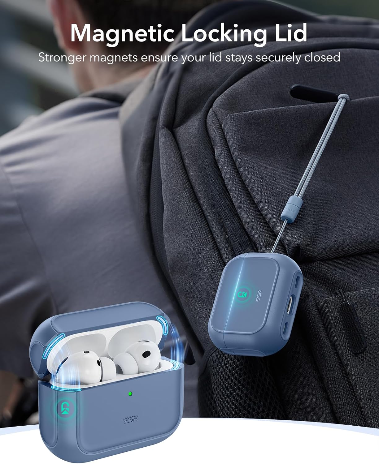 Detalle 2 de ESR Coque pour AirPods Pro 3 (2025) compatible MagSafe avec cordon de transport – Bleu foncé
