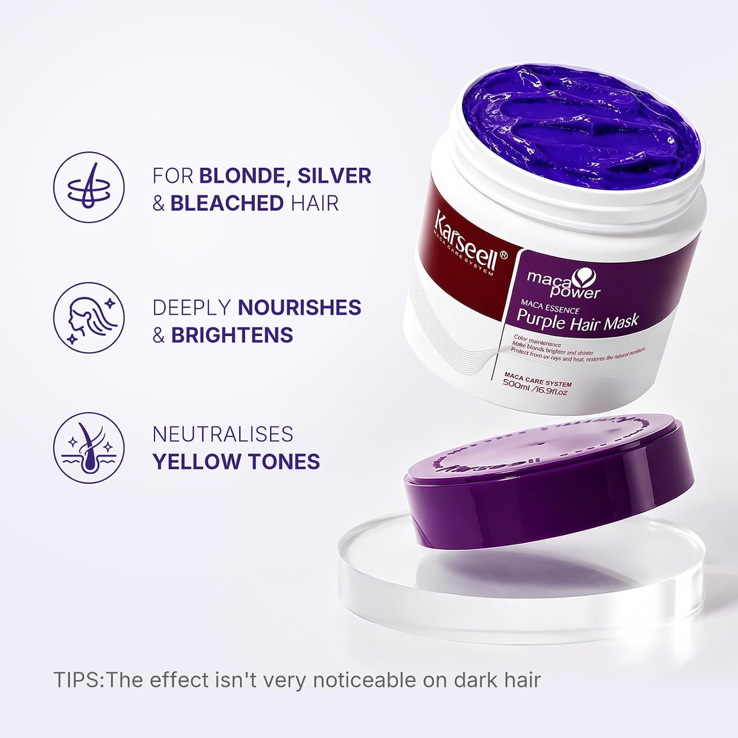 Detalle de Karseell Purple Haarmaske 500 ml – violette Kur gegen Gelbstich bei blondem, platinfarbenem und grauem Haar
