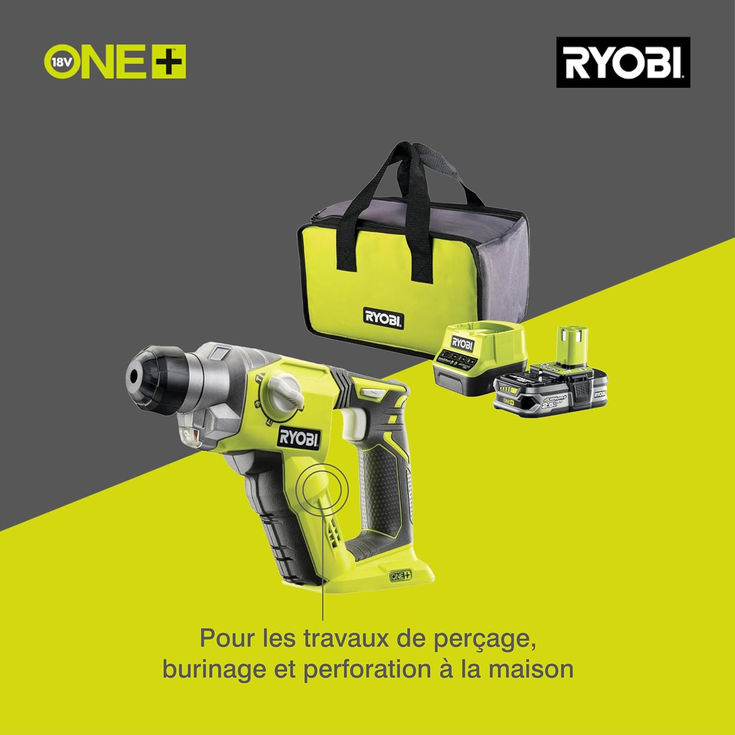 Detalle de RYOBI Perforateur SDS+ Sans Fil 18V ONE+ R18SDS-125S – 4 modes, 2,5 Ah incluse