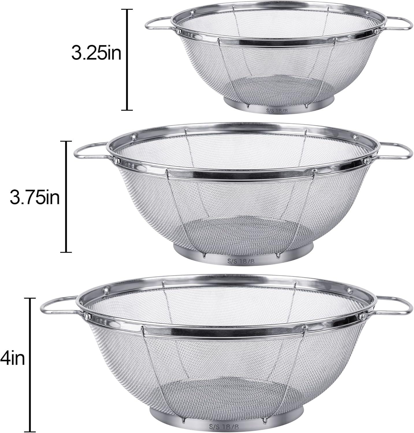 Thumbnail 4 de 3-Pack 18/8 Stainless Steel Colander Sieves (5-Quart, 4-Quart, and 3-Quart) with Handles & Resting Base
