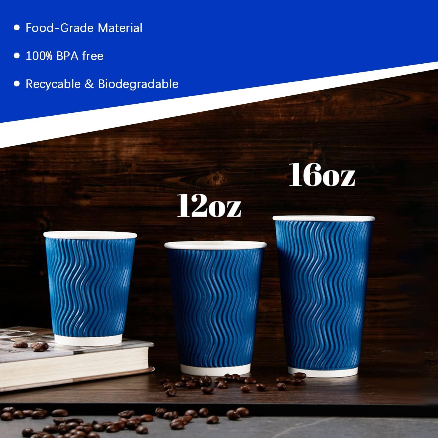 Thumbnail 4 de Lamosi 500-Count 12 oz Insulated Paper Cups (Navy) – Heat-Resistant Kraft Ripple Wall, Disposable, Bulk