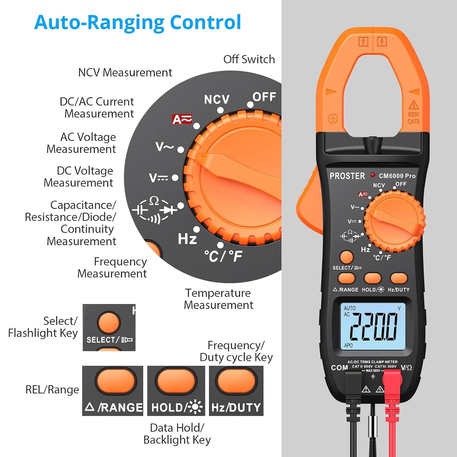 Detalle 2 de Proster PDM-6000NCV Clamp Meter, 800A AC/DC, TRMS and NCV