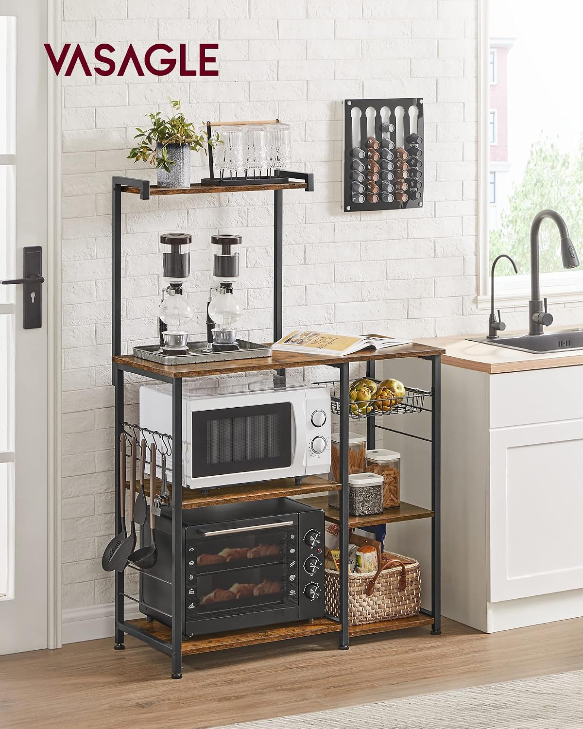 Detalle de VASAGLE Scaffale da Cucina KKS35X con supporto per forno a microonde, mobile mobile 40 x 90 x 134 cm marrone vintage e nero
