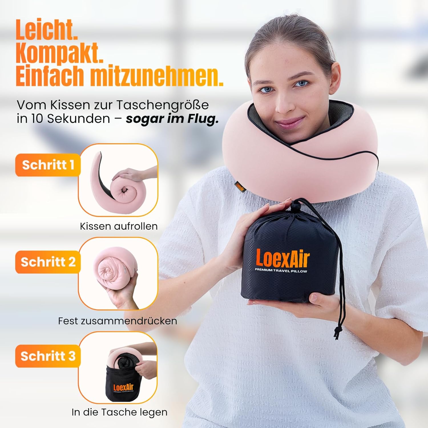 Thumbnail 1 de LoexAir Nackenkissen Flugzeug – Reisekissen mit Baumwollbezug, Memory-Schaum und komplettes Reiseset (Sakura Pink)