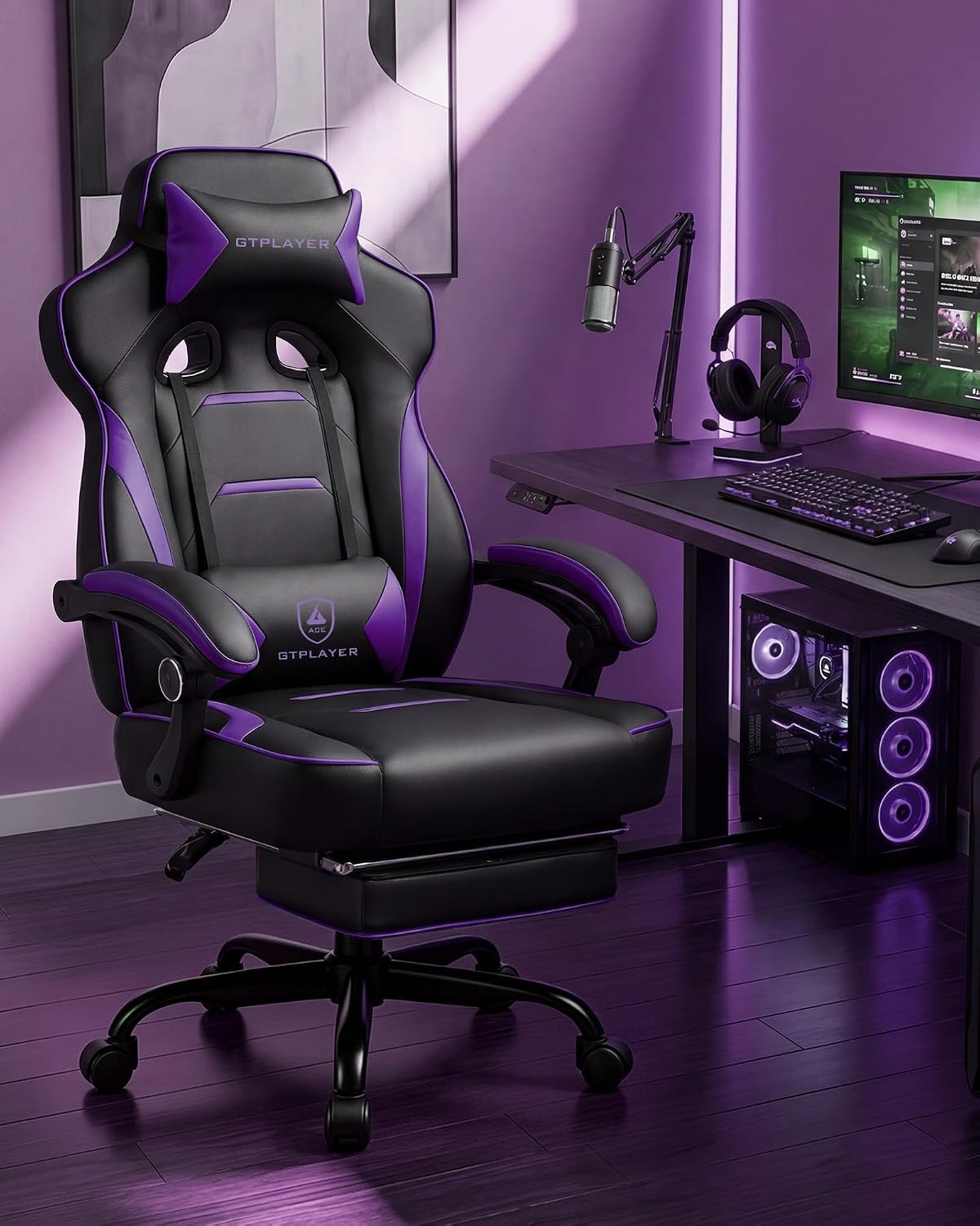 Thumbnail 1 de GTPLAYER Gaming Stuhl mit Fußstütze – Ergonomischer 180 kg Schwerlast-Gaming-Sessel mit Lendenwirbelstütze, Kopfstütze und verstellbarer Fußstütze