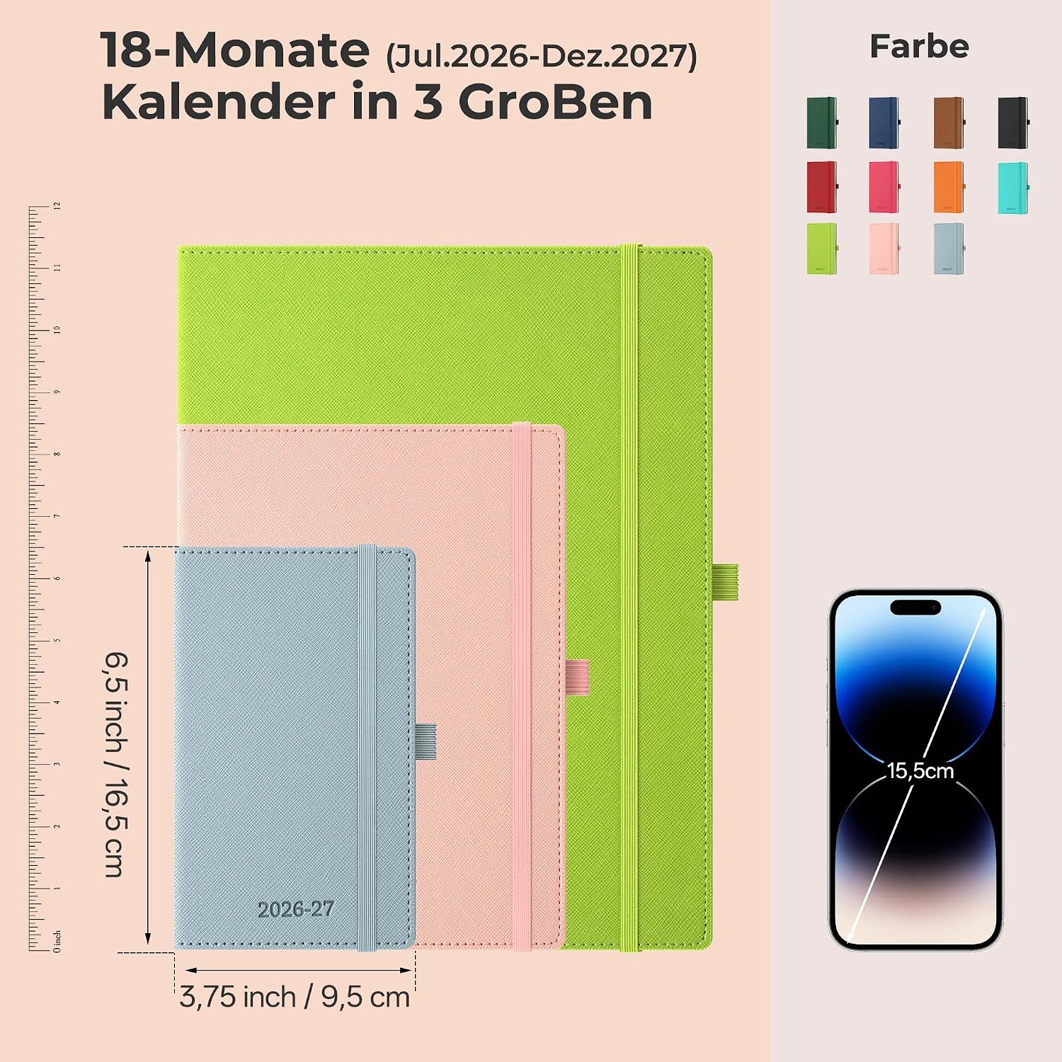 Detalle de IN-LUXPRO Kalender 2026/2027 – Wochenplaner A6, 18 Monate, vegan-leder, Querformat, Staubblau