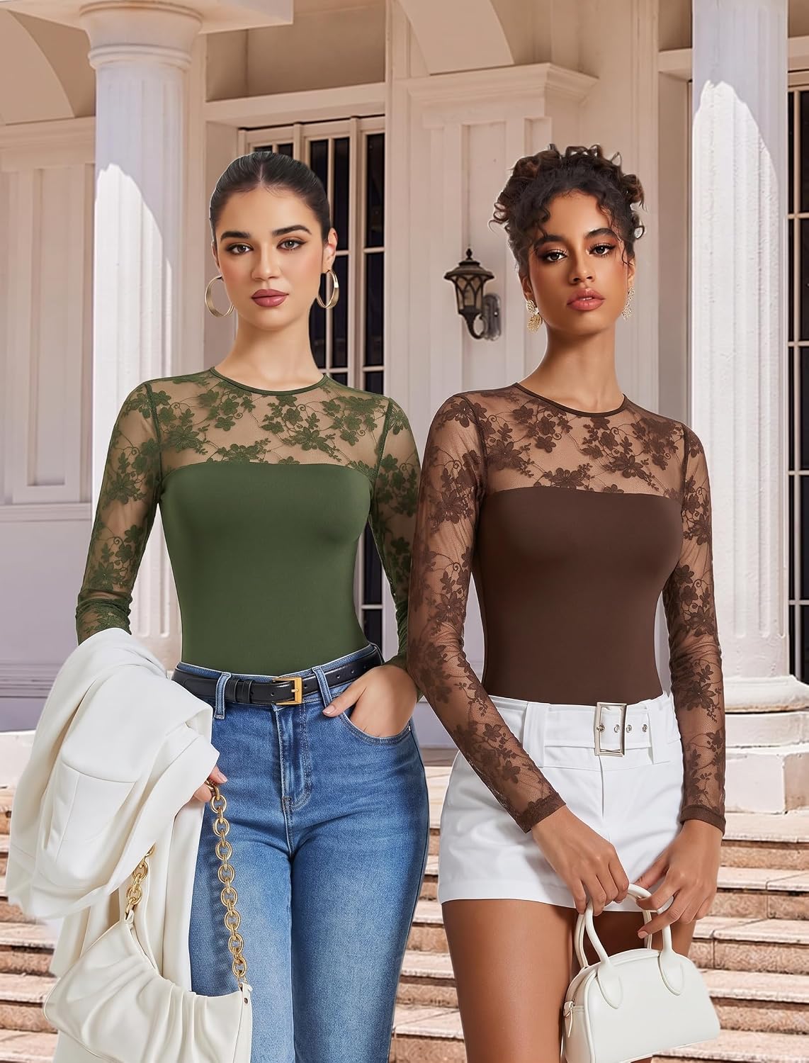 Detalle 2 de Avidlove Long Sleeve Lace Bodysuit for Women, Crew Neck