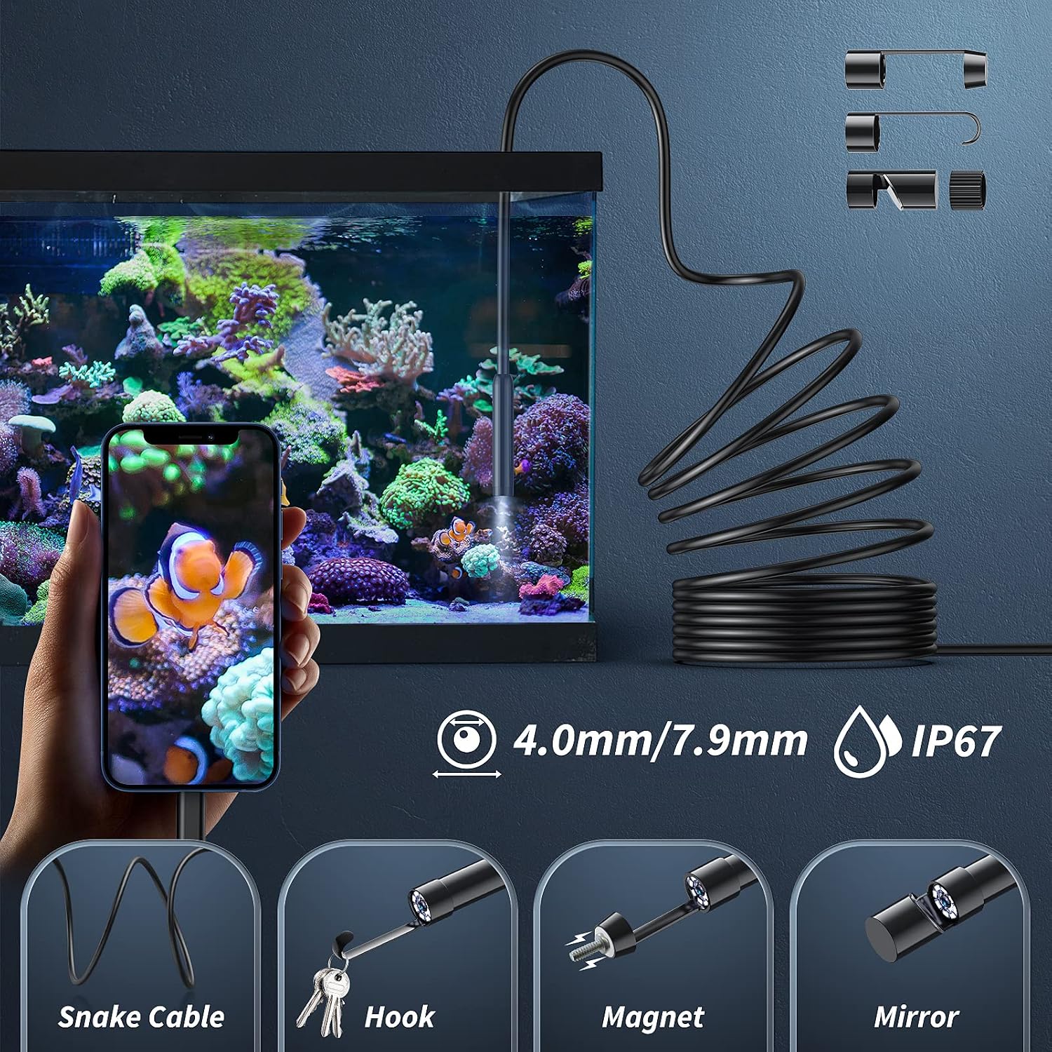 Detalle 2 de Kinpthy Endoscope Camera with 16.4-ft Semi-Rigid Cable, IP67 Probe and 8 LEDs