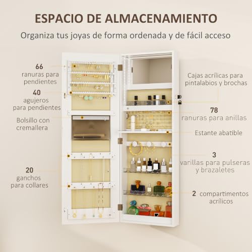 Detalle 1 de HOMCOM espejo joyero con LED, cerradura y organizadores para joyas