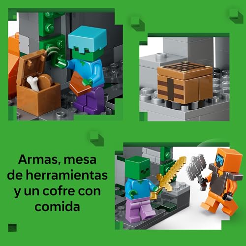 Detalle de LEGO Minecraft La Mazmorra de Zombis 21587 con minifigura del Errante y 3 zombis (juguete interactivo para 8+)