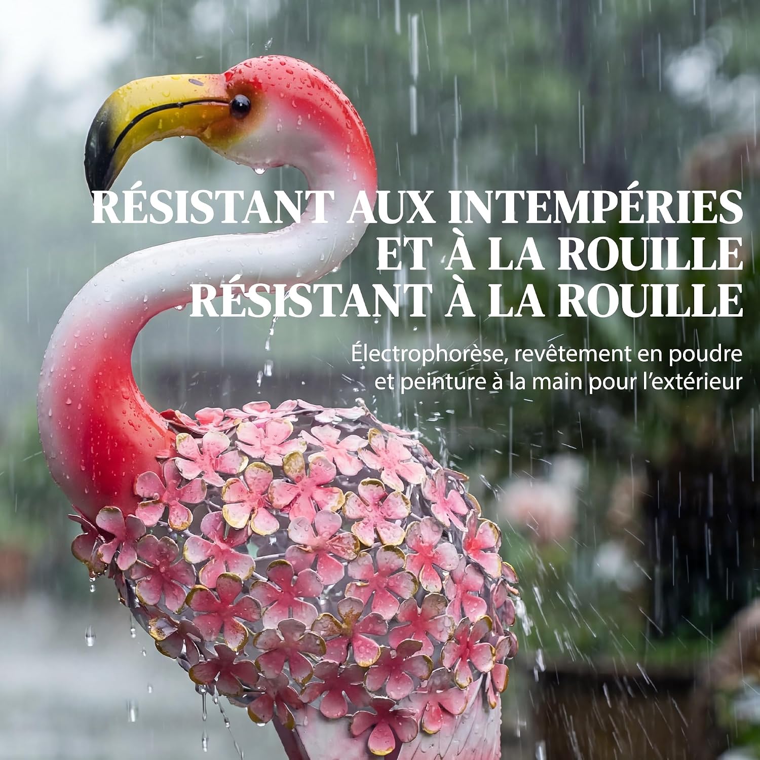 Detalle de Outsunny 84J-156V00MX metalen flamingo-tuinbeeld met bloemenmotief, rood