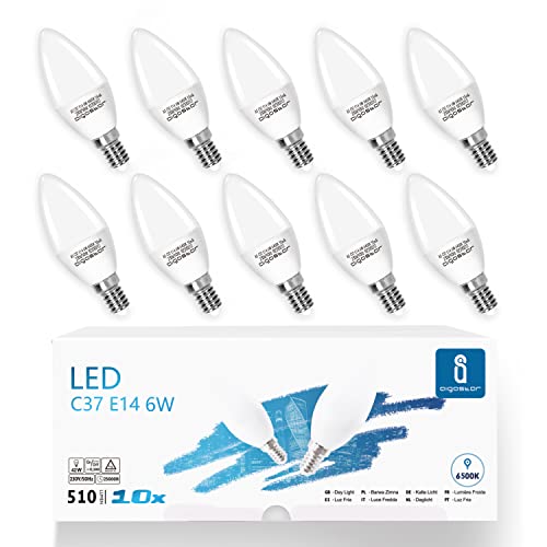 Detalle de Aigostar Bombilla LED C37 forma de vela (E14, 6W) - Blanco Frío 6500K, 510 lúmenes, CRI>80, no regulable, pack 10 uds