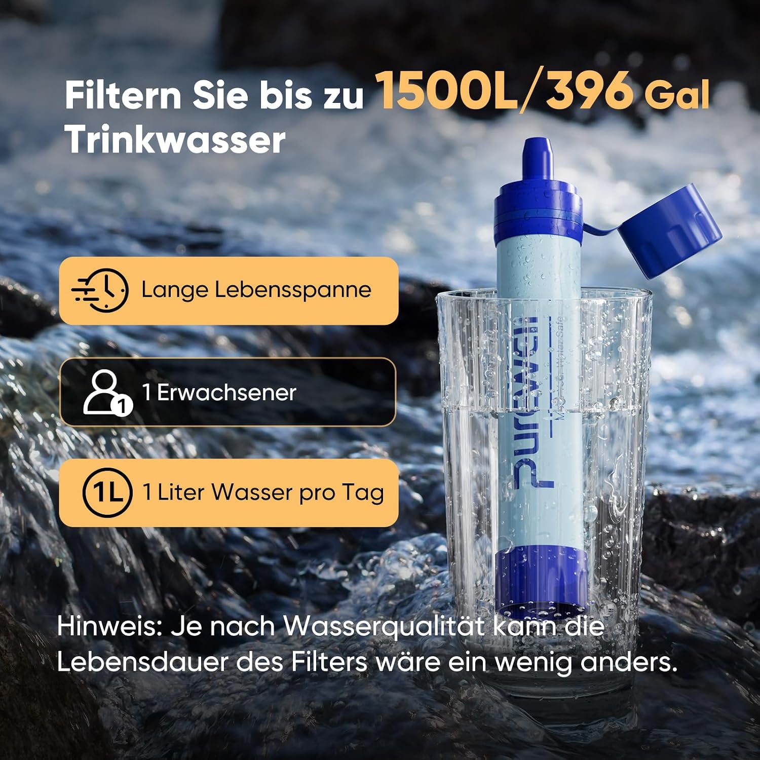 Detalle de Purewell Outdoor-Wasserfilter mit 0,01 μm Ultrafeinfilter – für unterwegs & Notfall, 1500 Liter