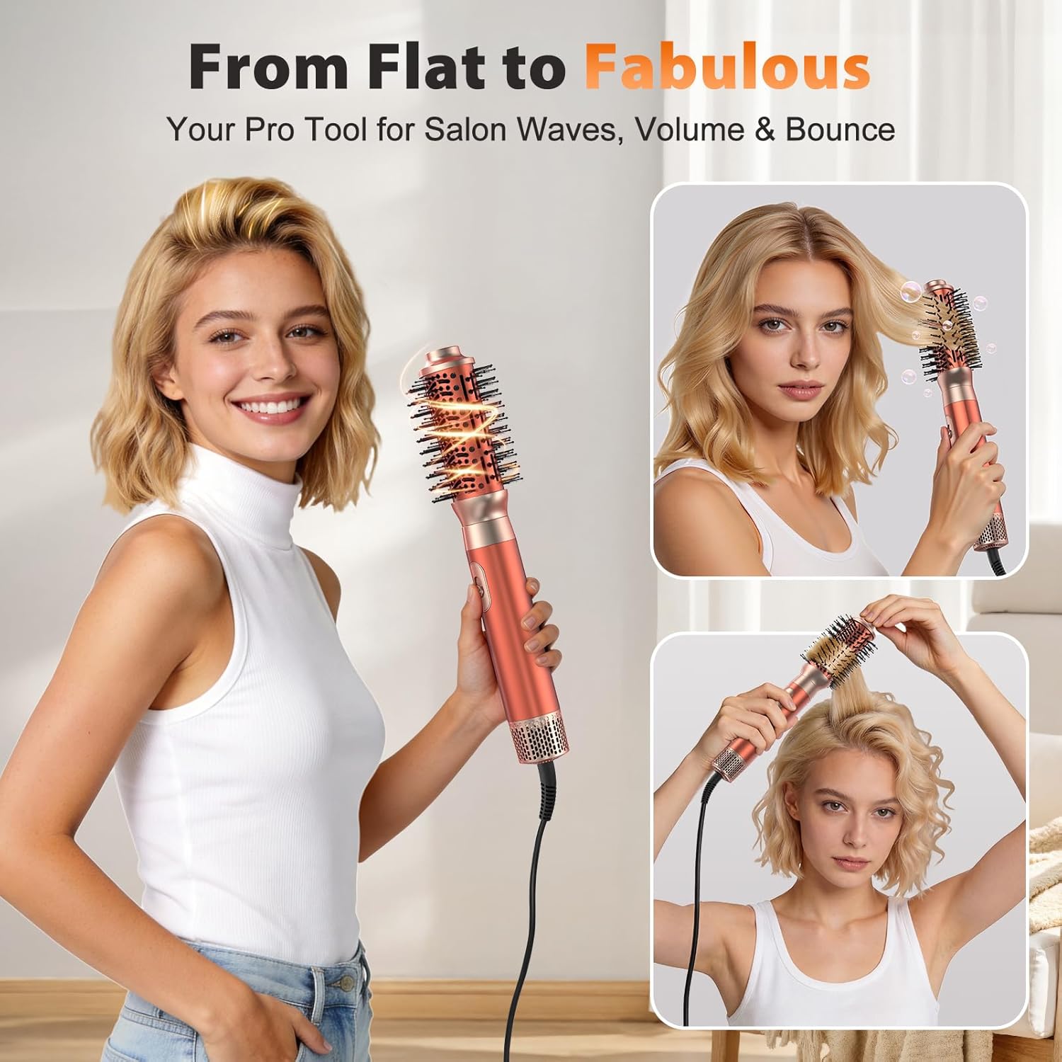 Detalle de 5 in 1 Blow Dryer Brush Set with 32mm Auto-Wrap Curler, Paddle Brush, and Detachable Hot Air Tool – Amber