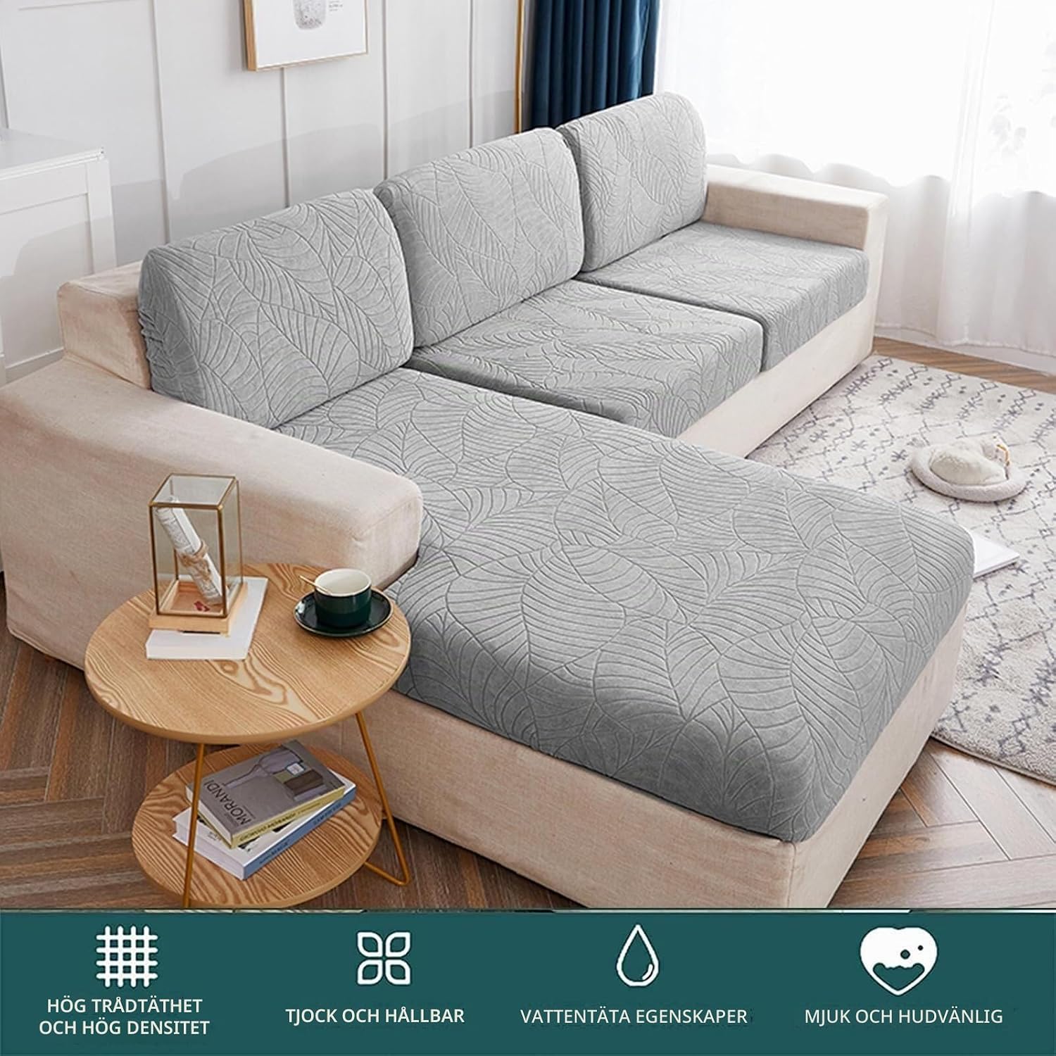 Detalle de YUMEIGE boqu Couch Covers ryggstödsskydd, ljusgrått med elastisk halkskyddsdesign