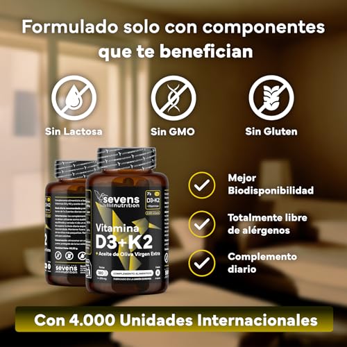 Thumbnail 3 de SEVENS NUTRITION Vitamina D3 y K2 MK7 4000 UI/200 µg en Aceite de Oliva Virgen Extra — Alta Biodisponibilidad para Huesos, Músculos e Inmunidad