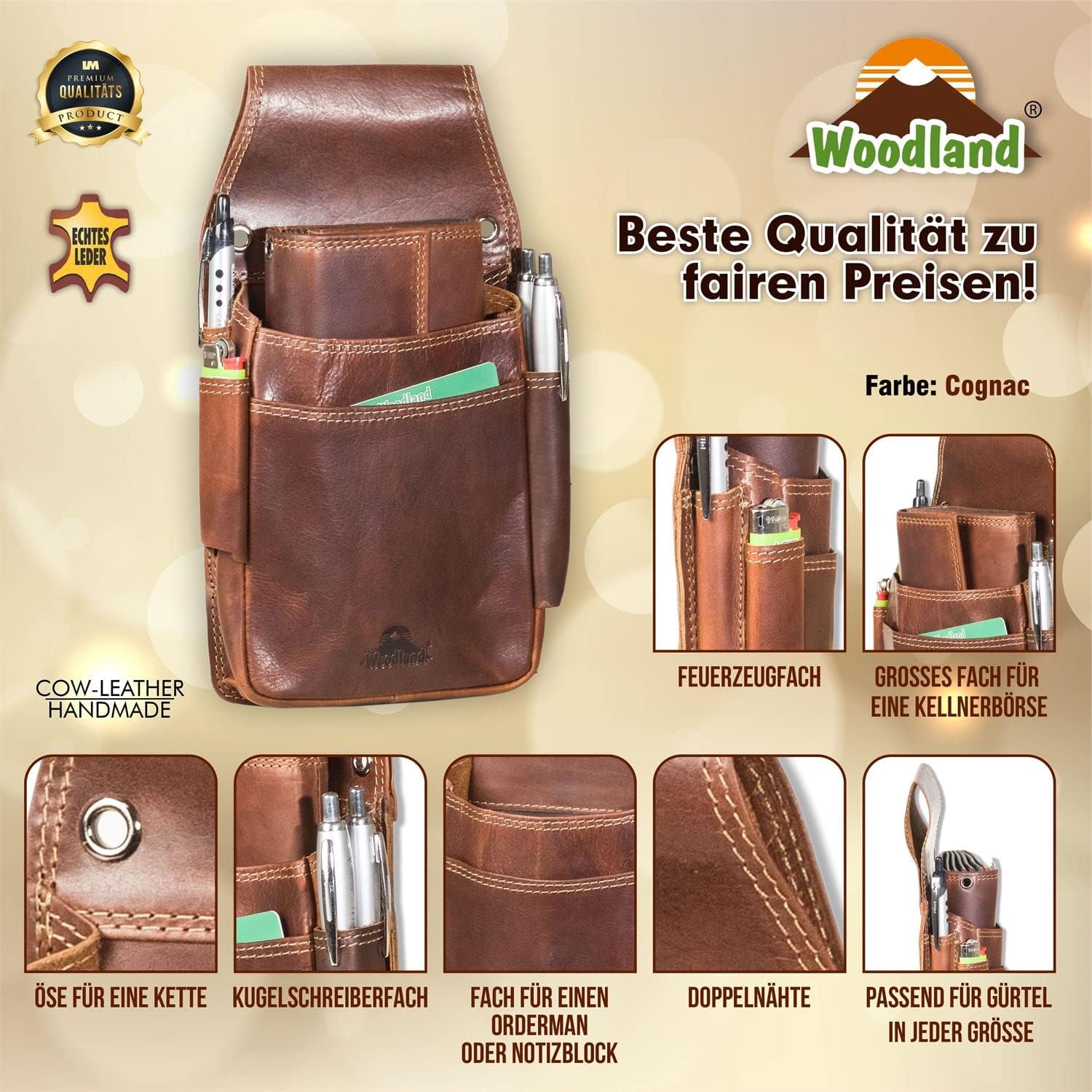 Detalle 2 de Woodland Profi-Kellnerbörsen-Holster naturbelassenes Rindsleder