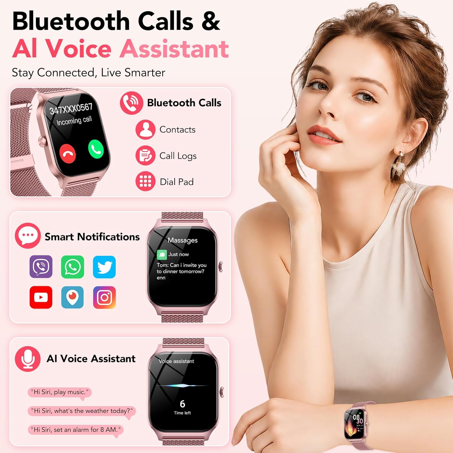 Thumbnail 1 de CASCHO Montre Connectée Femme Rose avec Appel Bluetooth et Santé 24/7