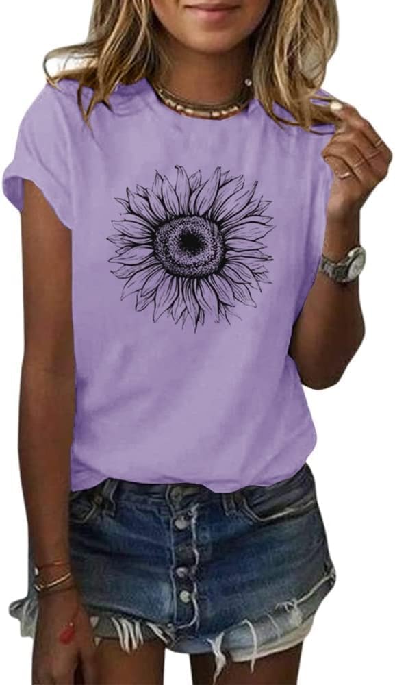 Detalle de Cicy Bell Damen Sonnenblumen T-Shirt mit kurzem Arm – lässiges Grafikshirt für den Sommer