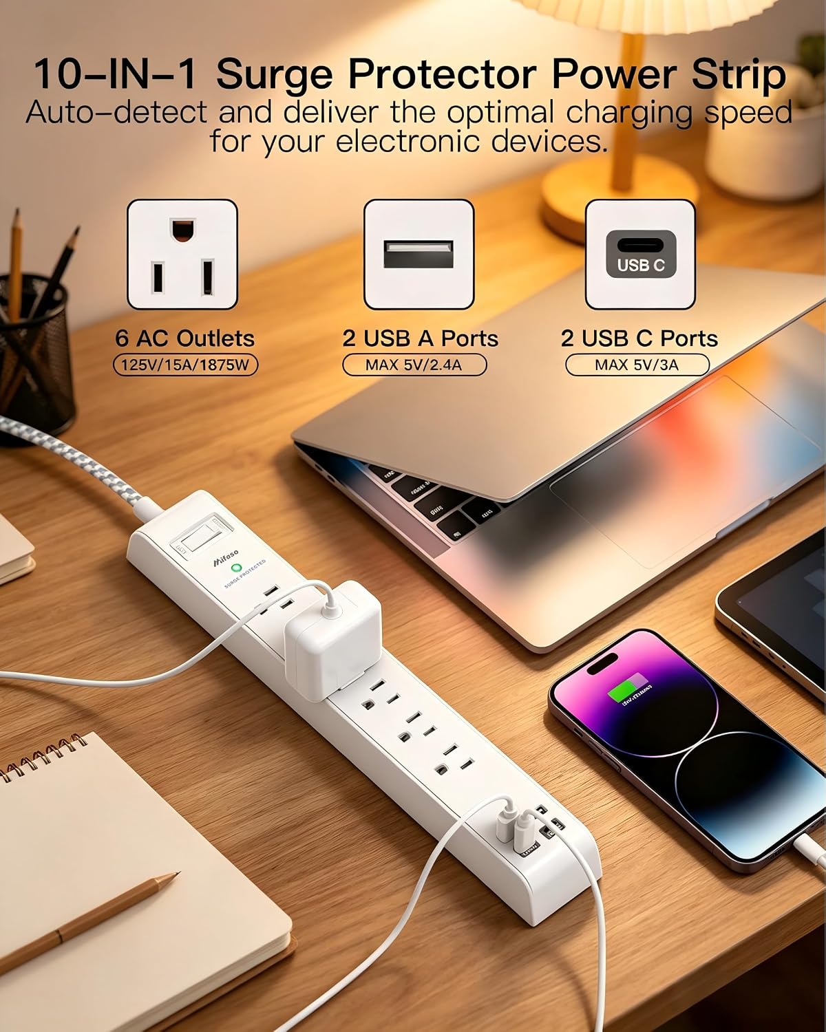 Thumbnail 1 de Flat Plug Surge Protector Power Strip, 15-Foot Cord