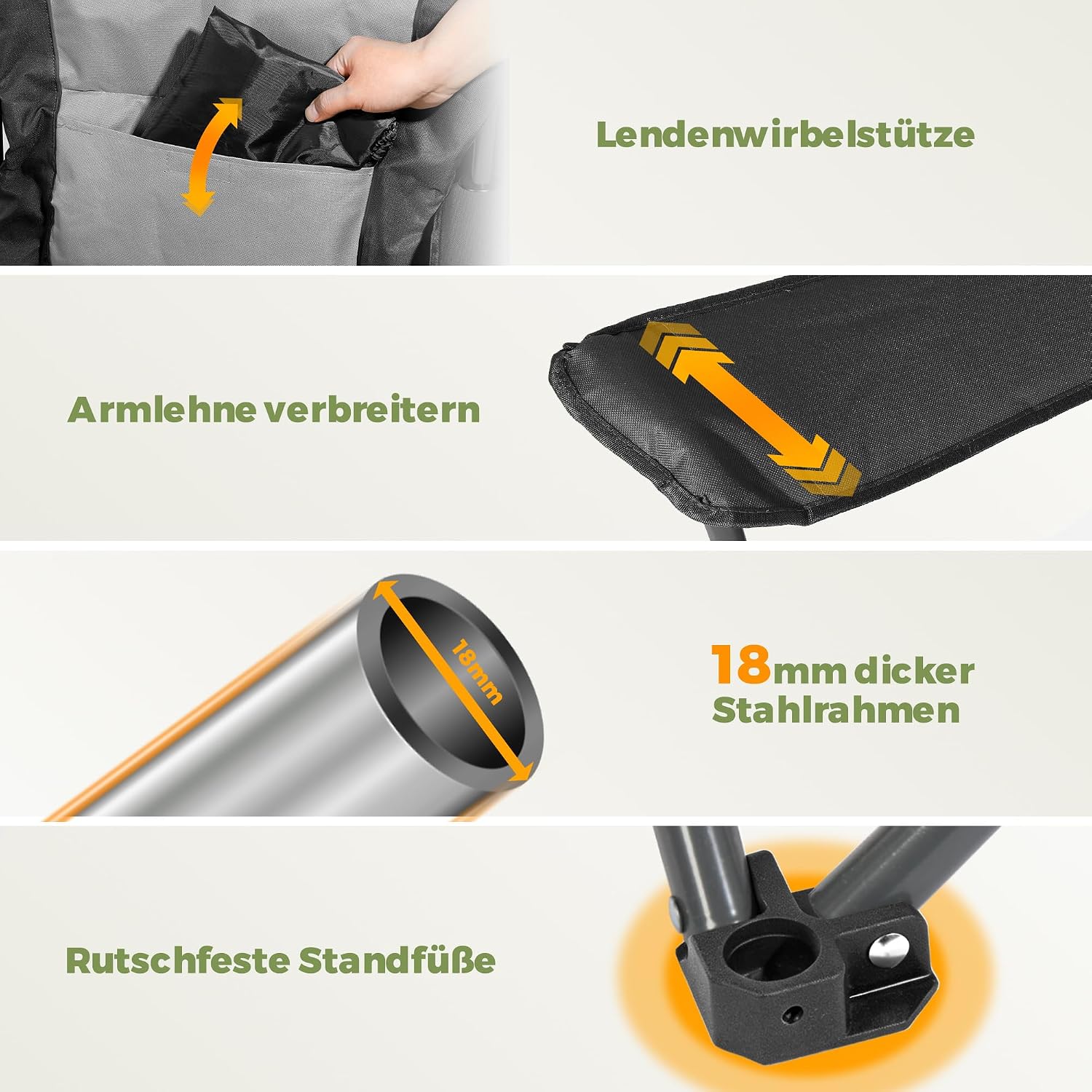 Detalle 2 de Homecall Campingstuhl Faltbar bis 150 kg – Angelstuhl 108 cm, Grau (2 Stück)