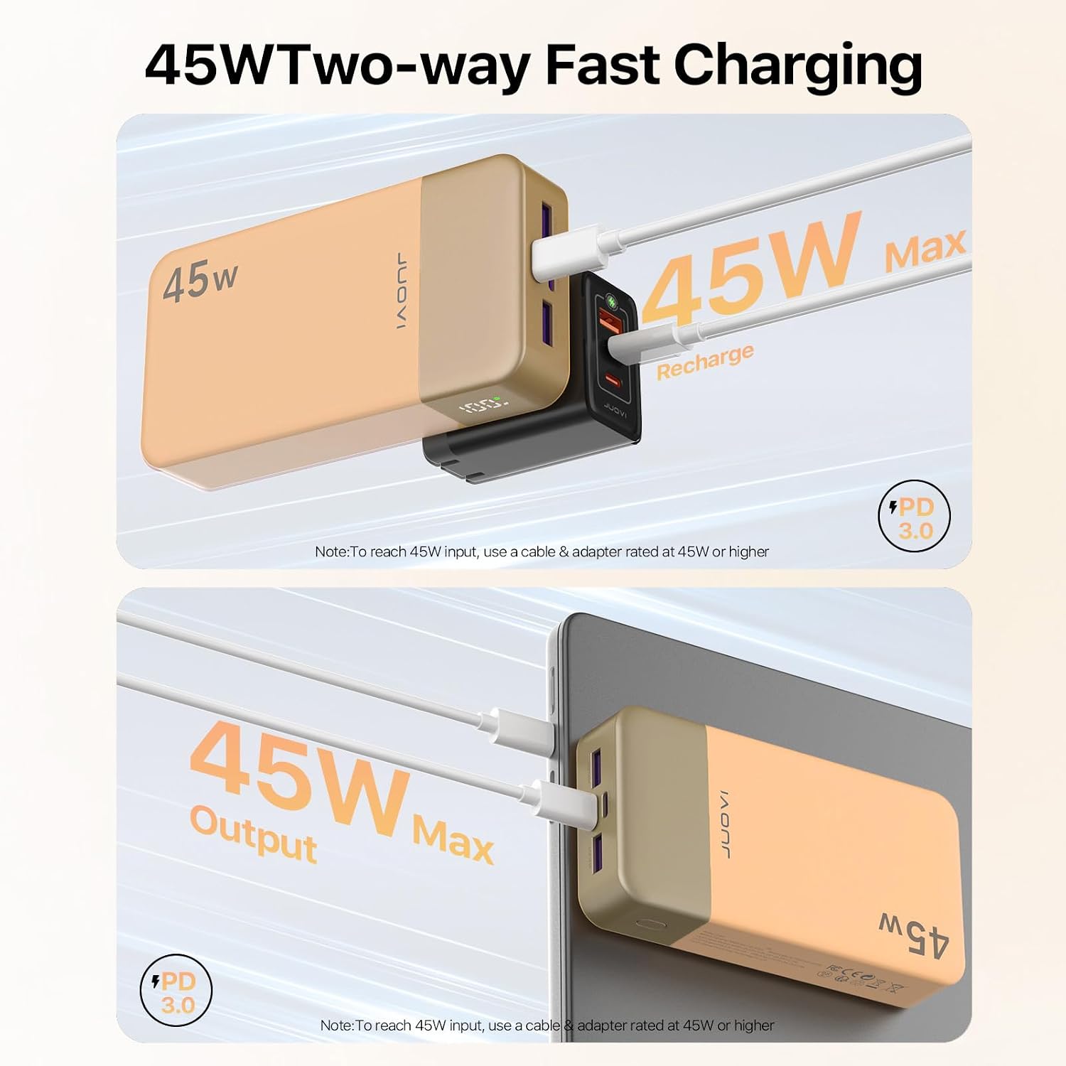 Detalle de JUOVI Power Bank 20000mAh 45W PD, Caricatore Portatile con Display Digitale – Arancione (J2621)