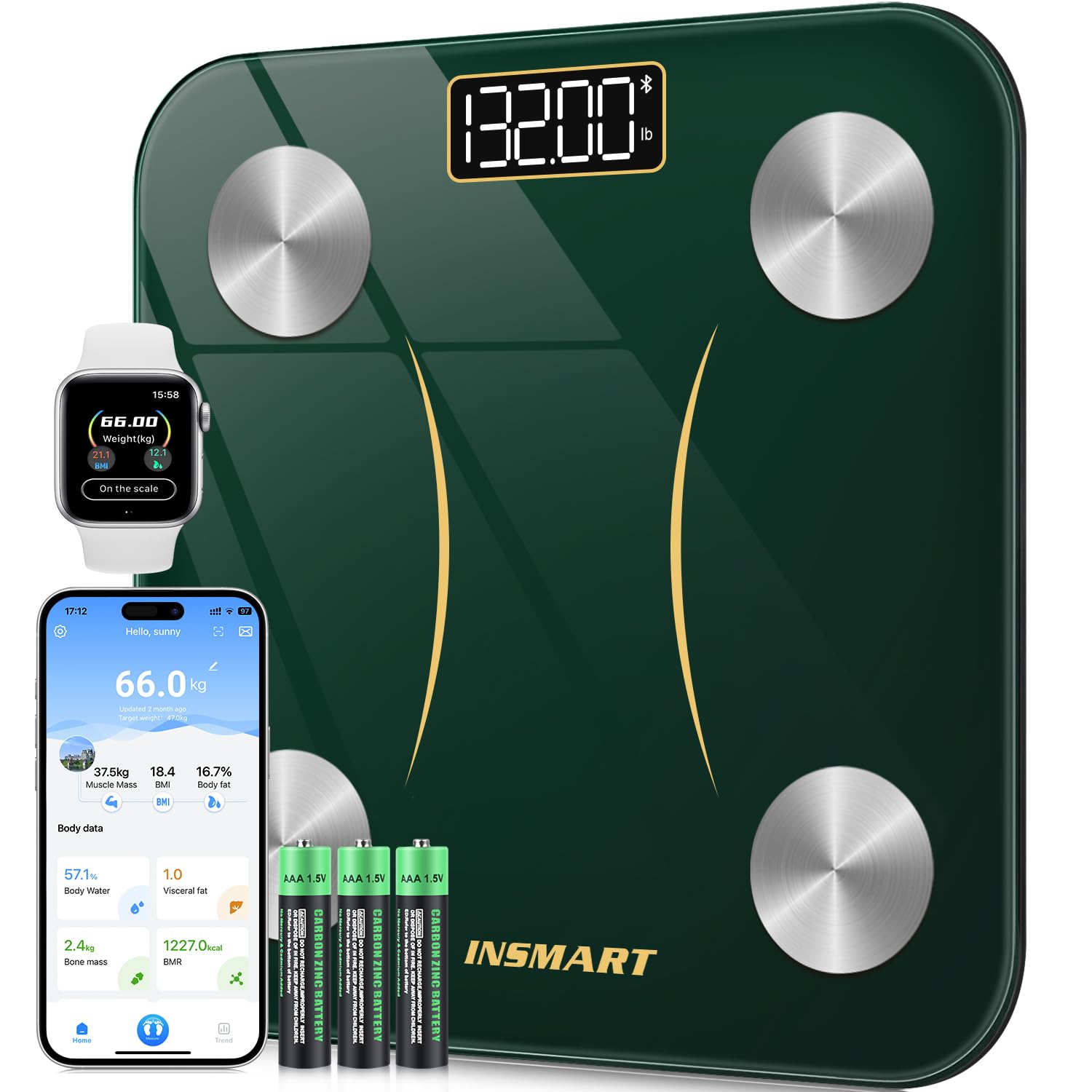 Detalle de INSMART 260H-Green-AU Bluetooth Body Composition Scale, Green, 180 kg