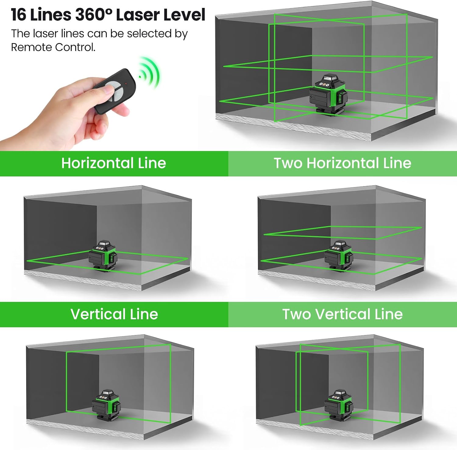Thumbnail 5 de Laser Level Self Leveling 4D 16 Lines Green Laser Level (4 x 360°) with 2x 2400mAh Batteries, Tripod, Remote & Wall Bracket
