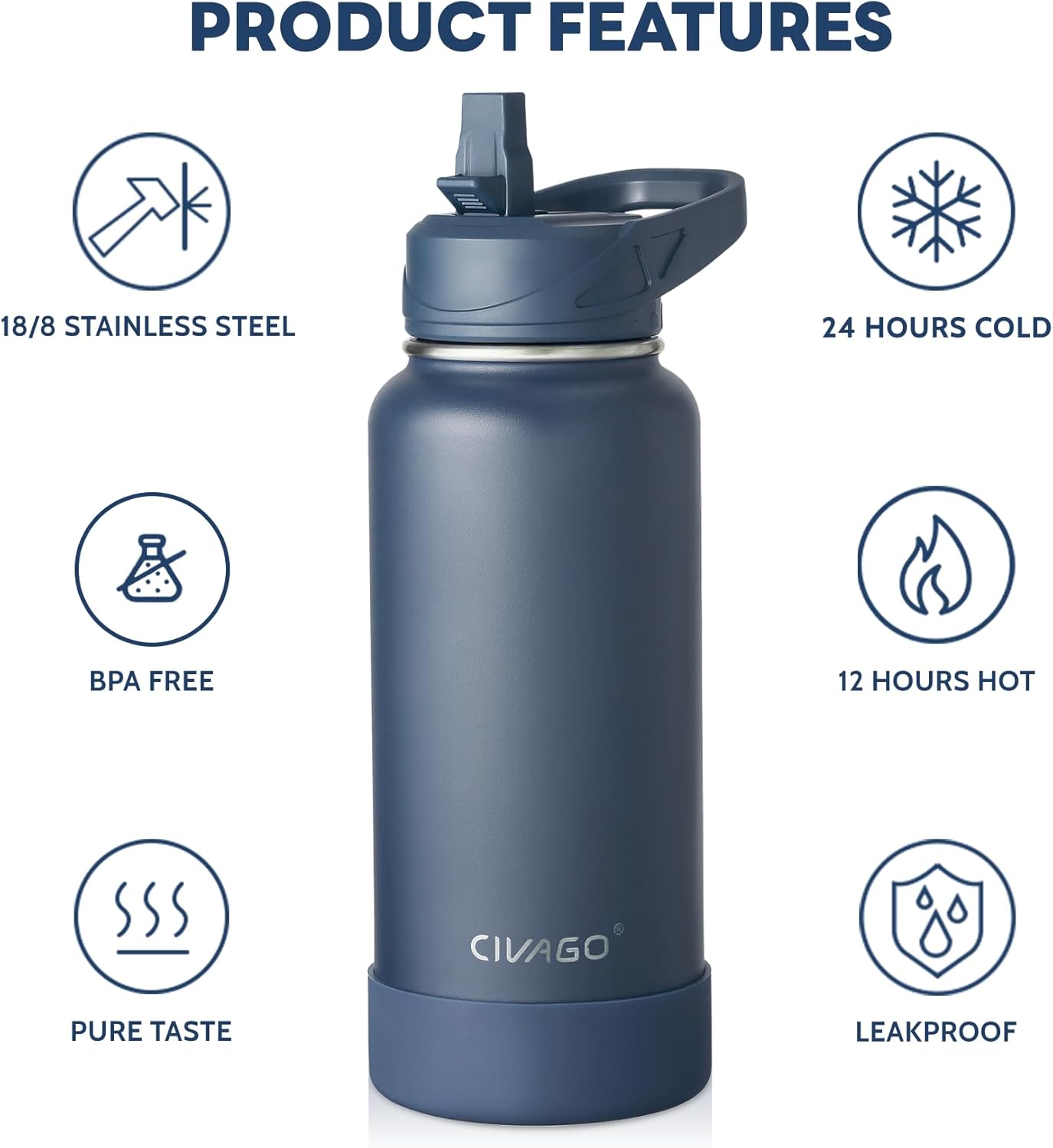 Thumbnail 1 de CIVAGO insulated stainless steel water bottle with straw (750ml) in black