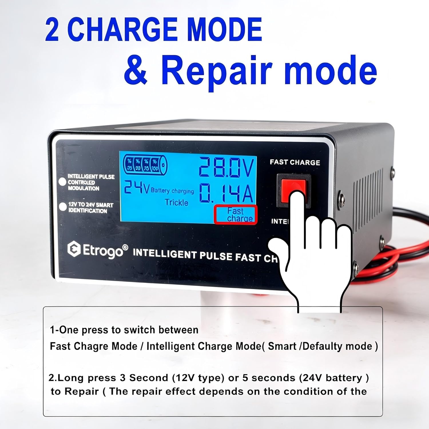 Thumbnail 2 de Etrogo Intelligentes 12V/24V 10A Ladegerät – 5‑Phasen-Ladegerät mit LCD, kompatibel mit Blei-Säure-Batterien