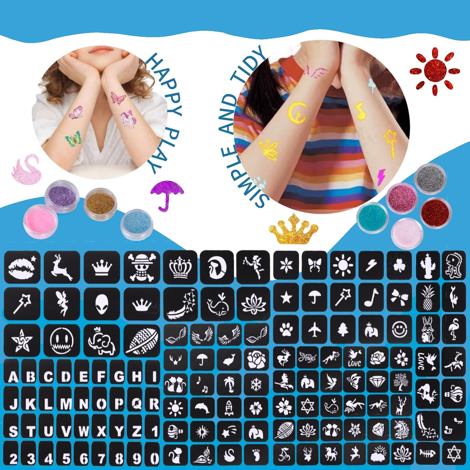 Detalle de Glitzer Tattoo Set Kinder von DSYZWEE – 40 Farben, 147 Schablonen, 5 Pinsel, 2 Kleber, wasserfest