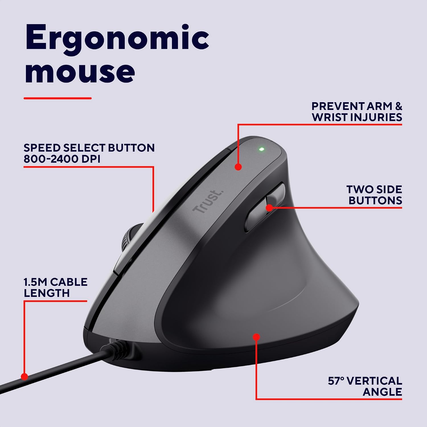 Detalle de Trust Yuno ergonomic mouse, 800-2400 DPI