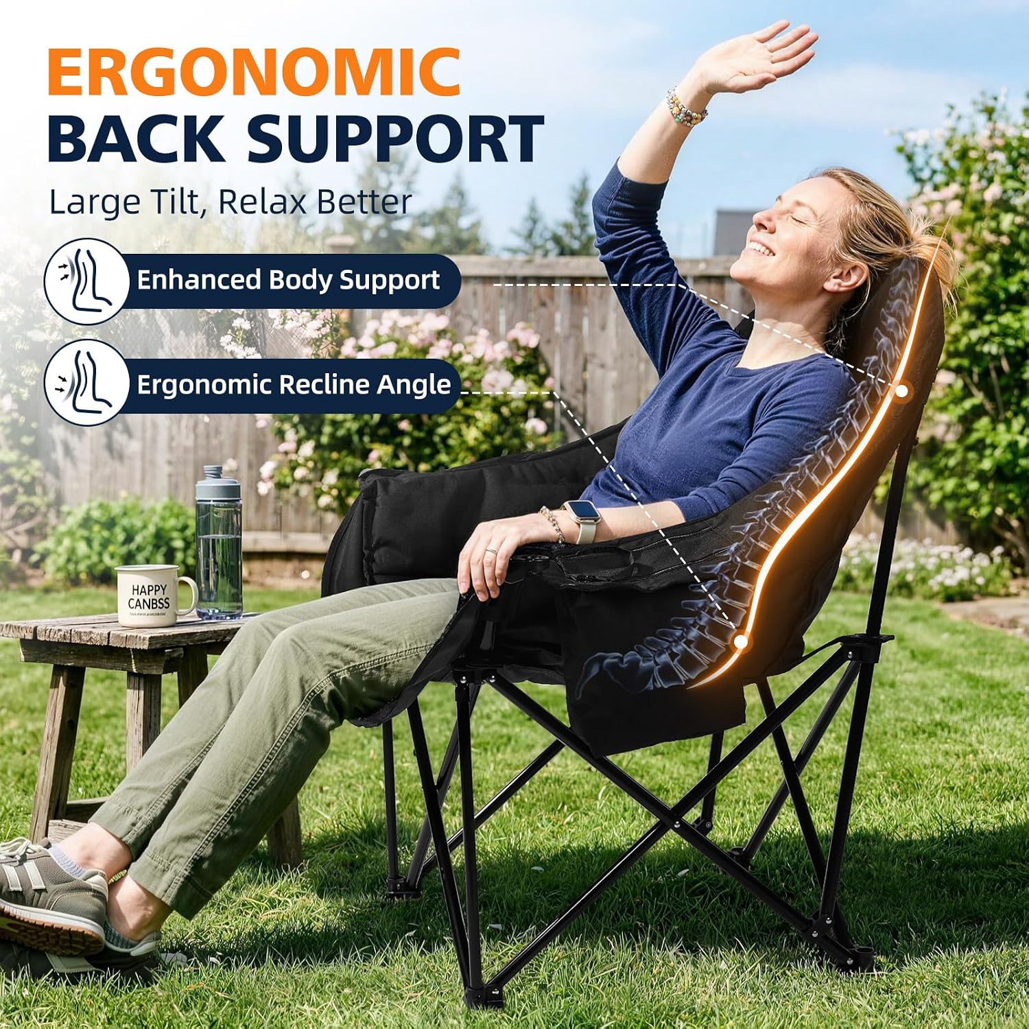 Detalle de DasEpic PW-RC739Ha2-Allblack Oversized Folding Camping Chair, Padded, 500 lb