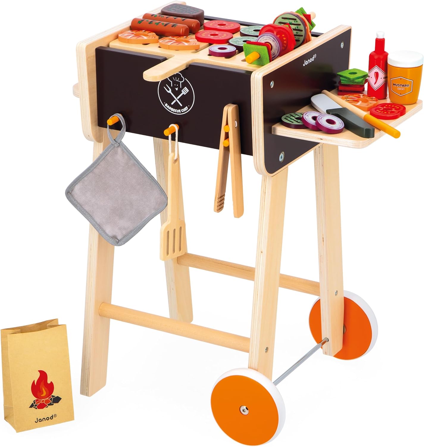 Detalle de Janod Barbecue in legno J06619 con 57 accessori in feltro e legno, gioco di imitazione da 3 anni