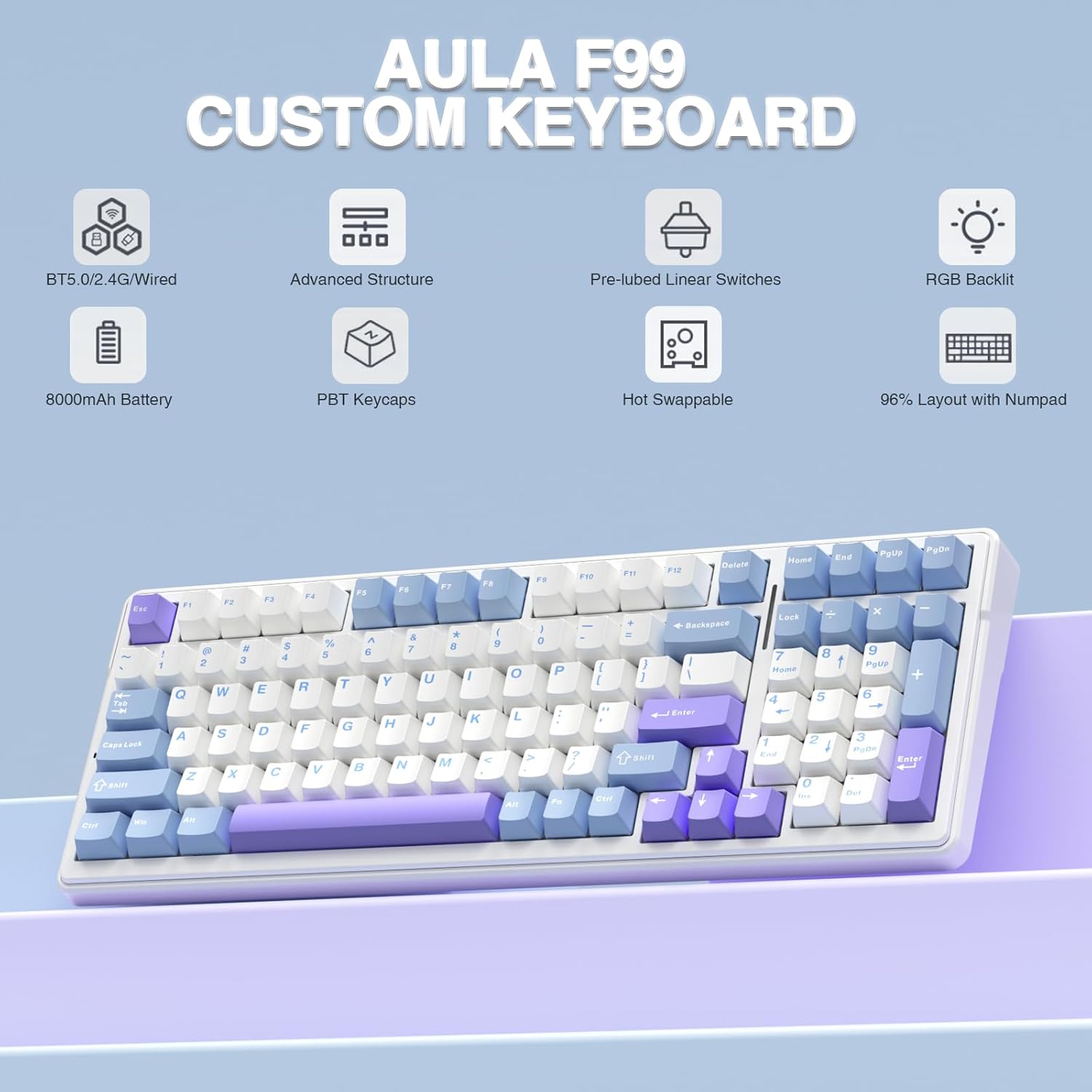 Detalle 2 de AULA F99 mechanical gaming keyboard 8000mAh