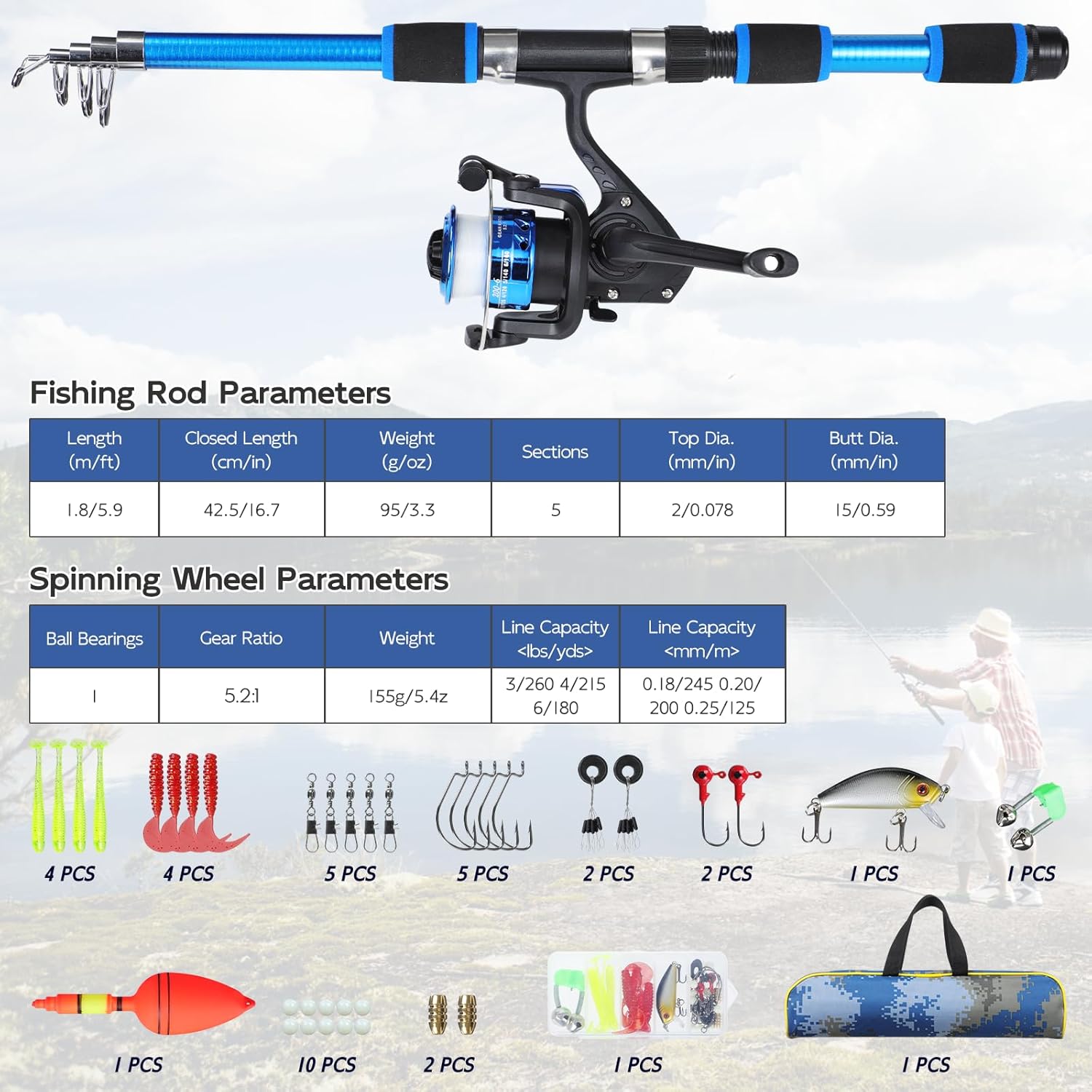 Thumbnail 3 de Axrye Kids Fishing Pole with Spinning Reels – Lightweight Telescopic Rod Set for Youth