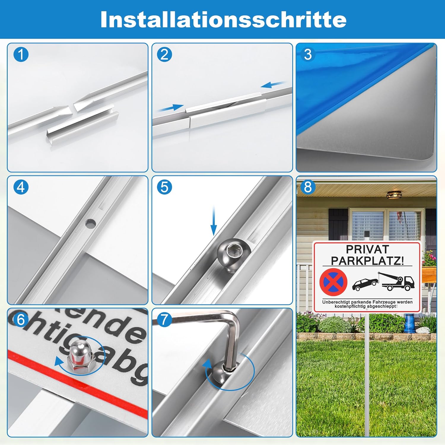 Thumbnail 5 de JIZZU Privatparkplatz Schild mit Pfosten, Aluminium 30x20 cm – „Parken verboten“ mit Hinweis auf Kostenpflicht und Abschleppen