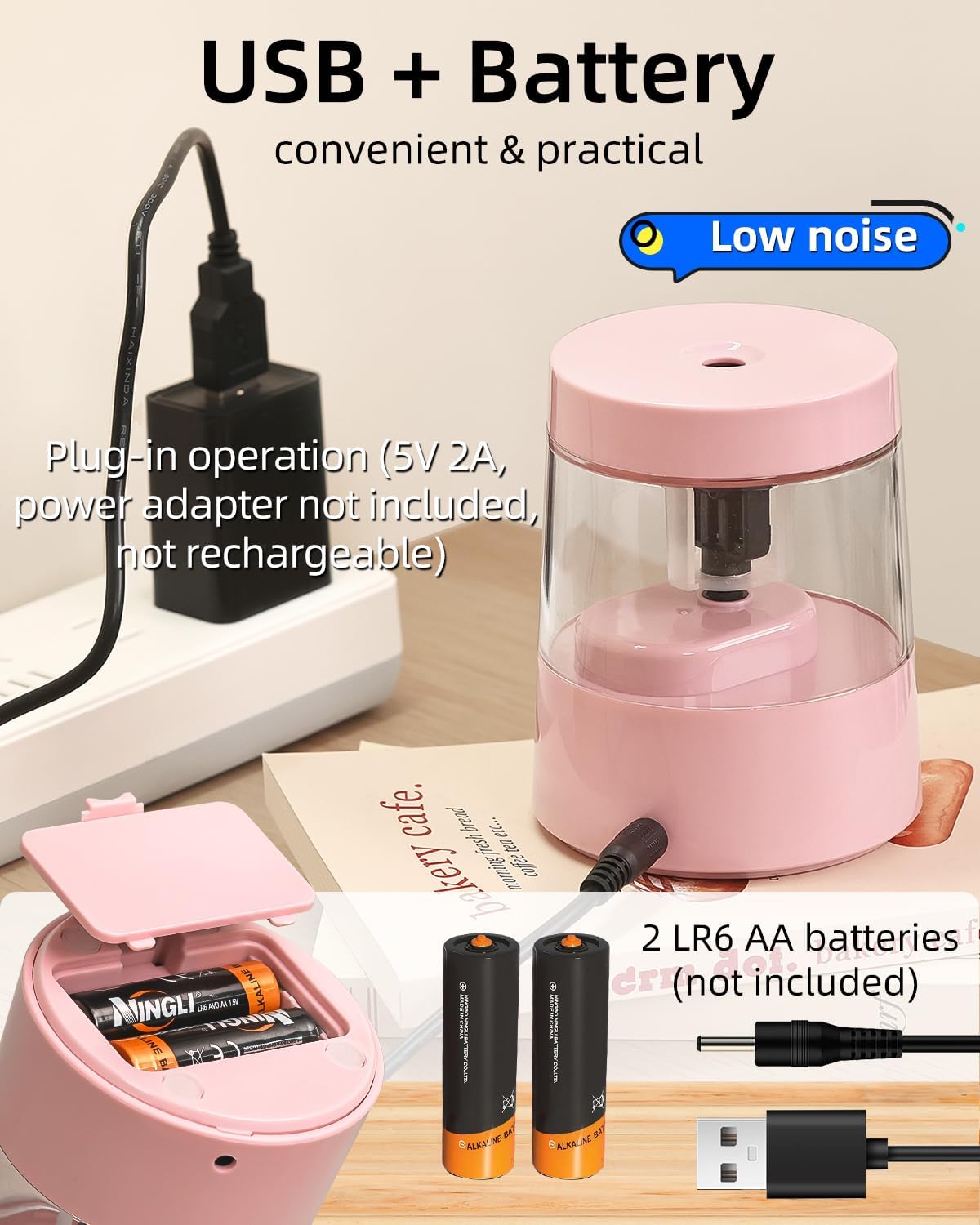 Thumbnail 3 de ZMOL Electric Pencil Sharpener for Colored Pencils (Pink) – Auto Stop, 6–8mm No.2, Battery or USB-powered