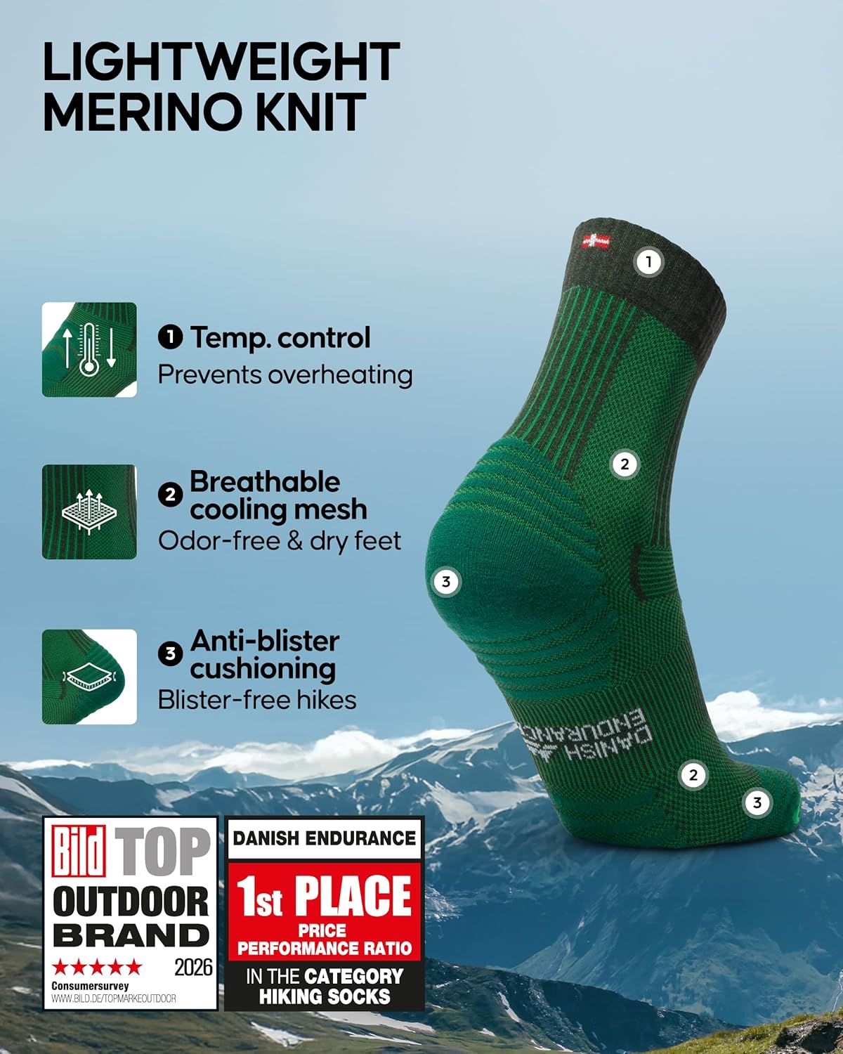 Thumbnail 1 de DANISH ENDURANCE Hiking Socks: Lightweight Merino Wool with Anti-Blister Cushioning (Unisex, 3 or 5 Pack)