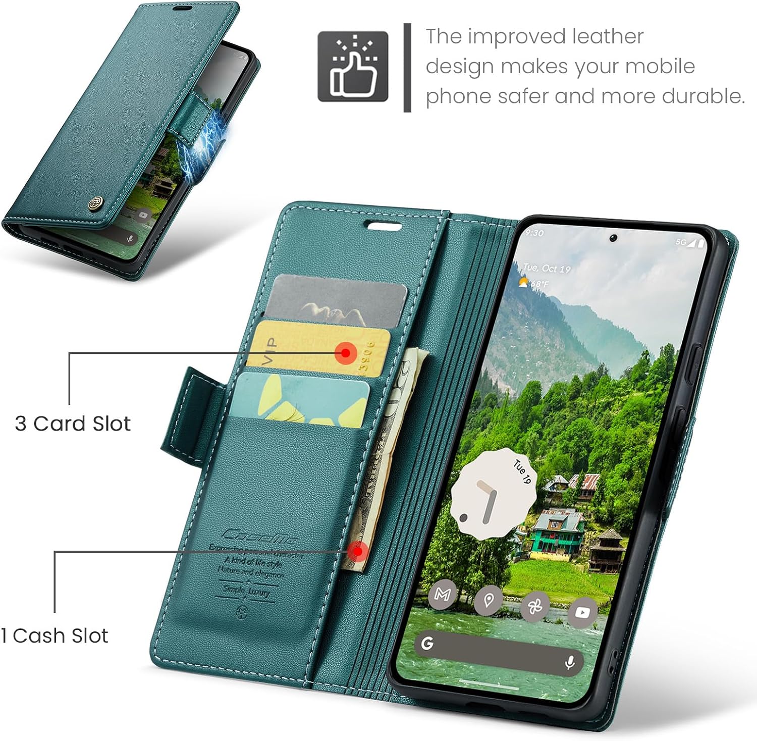 Thumbnail 1 de Phernykas Leder-Flipcase für Google Pixel 9 Pro XL – 360° Stoßfest, Standfunktion, Kartenfächer (Blaugrün)