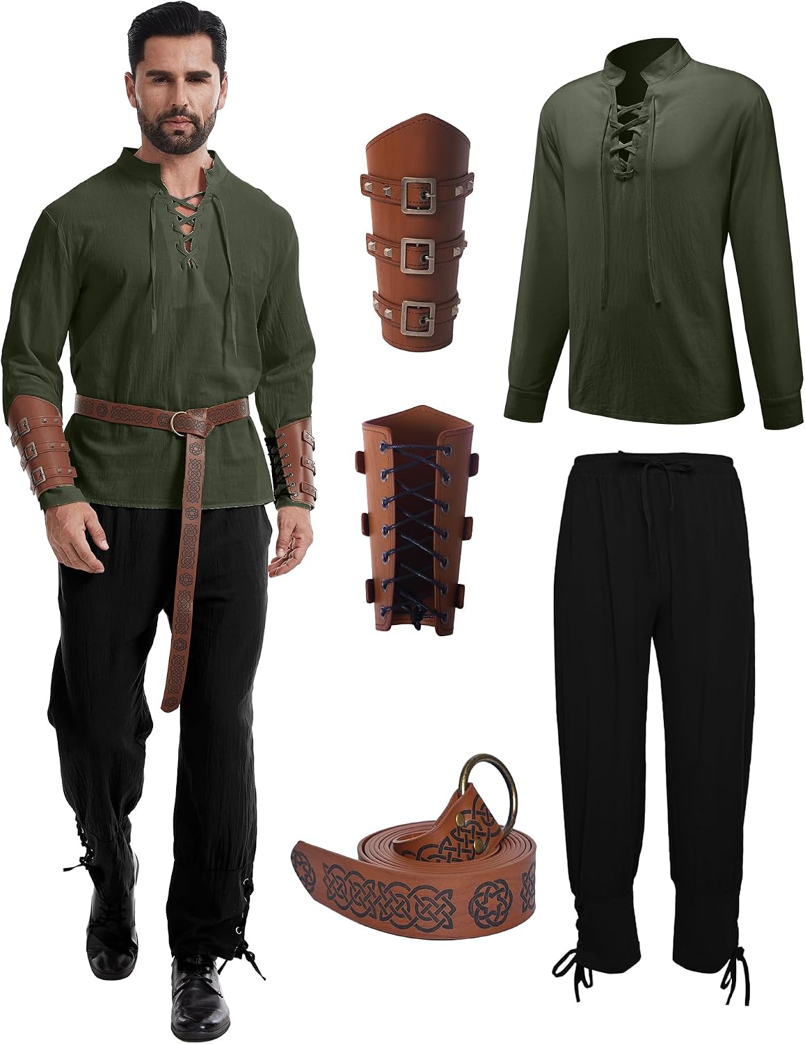 Detalle de QEKFDOV middeleeuws kostuum voor heren met hemd, broek en accessoires