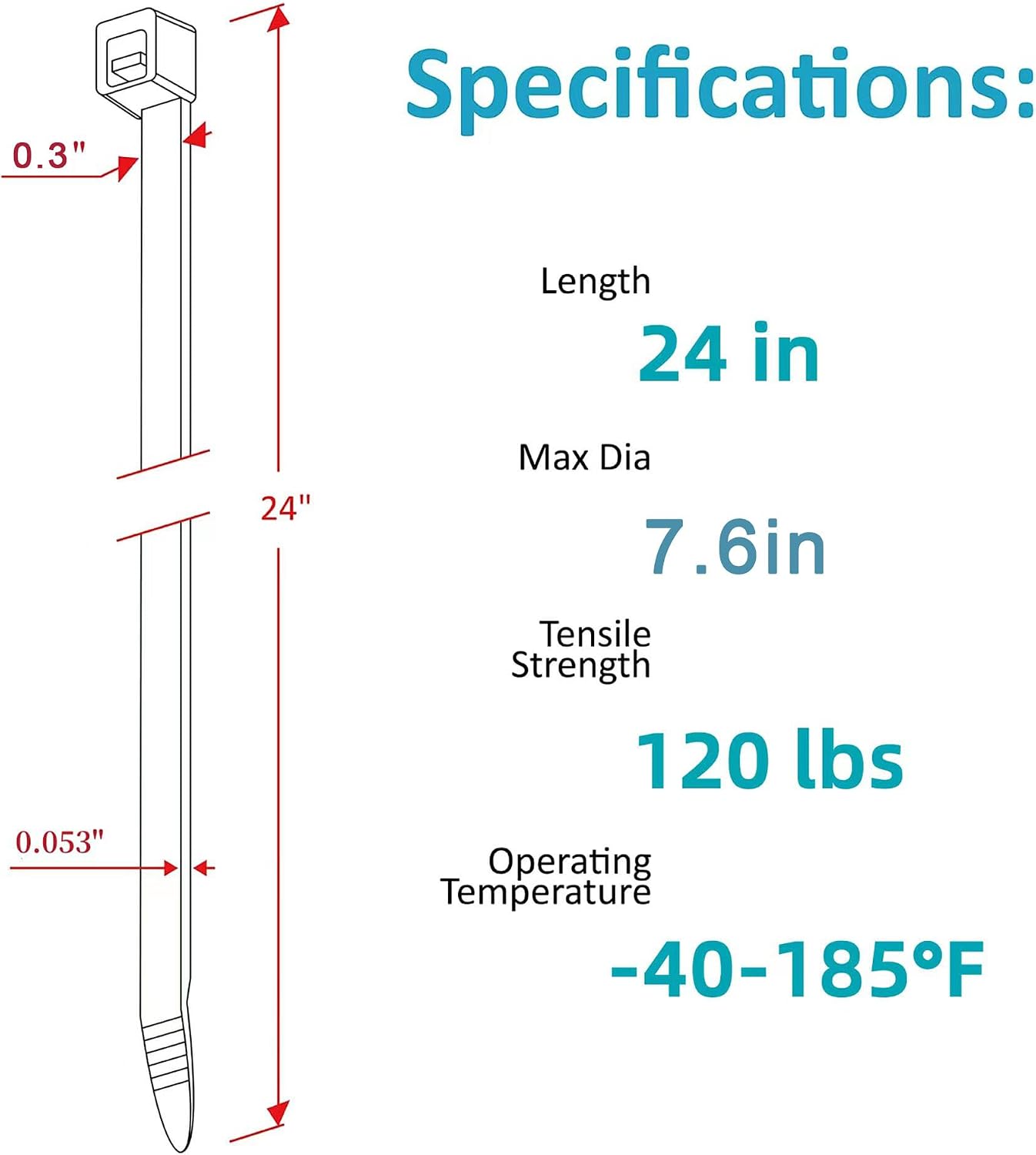 Detalle 2 de WLEAD 24-Inch Heavy-Duty Cable Ties, 50-Pack, White, UV-Resistant